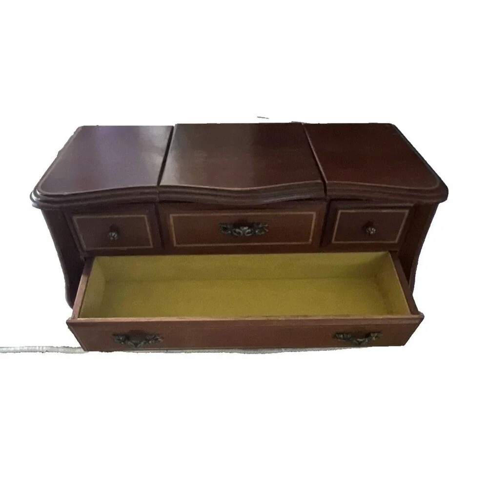 Vintage Mid Century Musical Wooden Jewelry Box, Drawers, Mirror, Velvet Lined